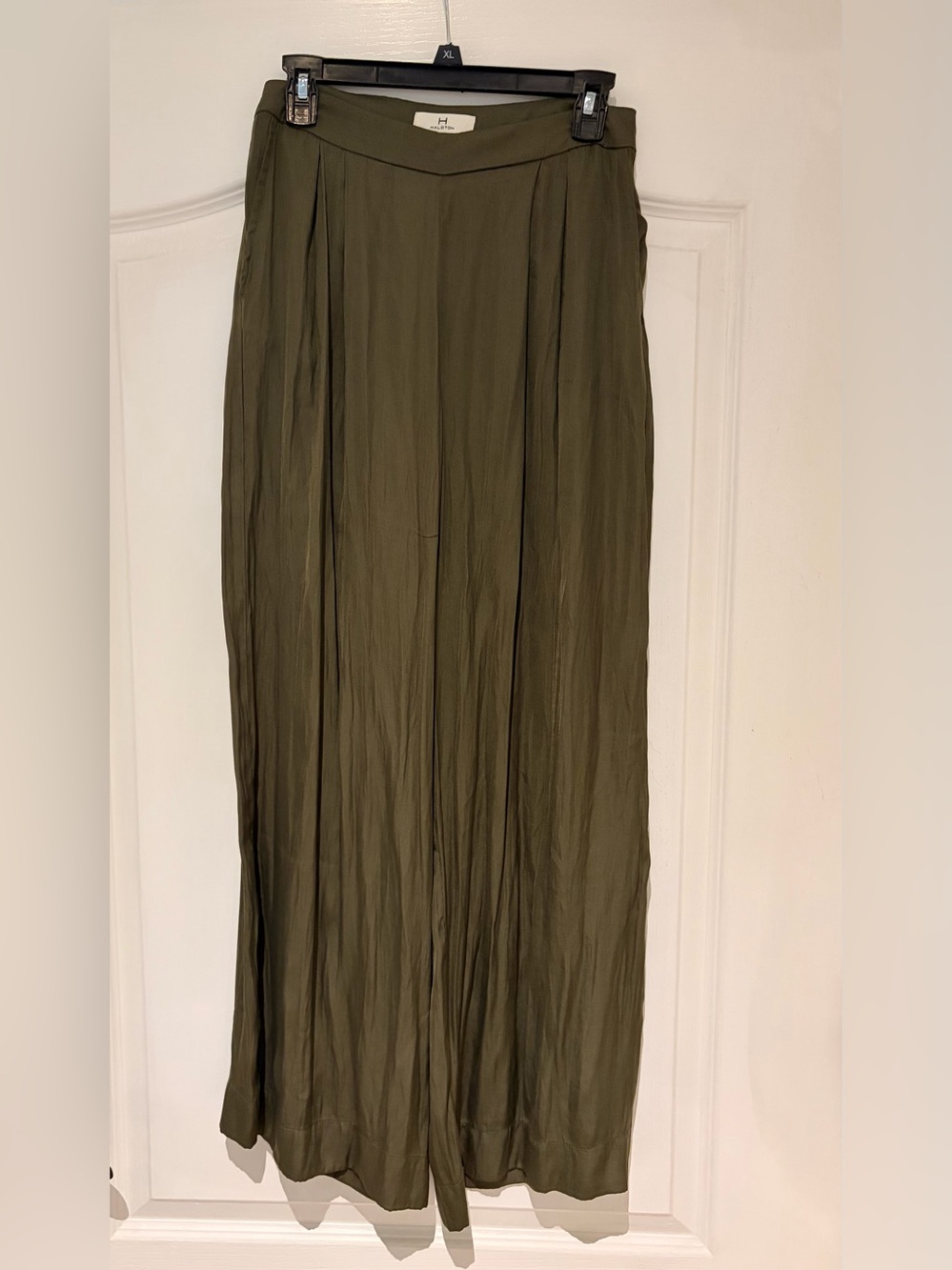 Halston Heritage Silky Olive Wide Leg Pants-Flowing Pleated Design